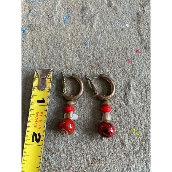 Vintage Earrings Hoop Faux Stone Red Silver Tone Pierced - Picture 2 of 7
